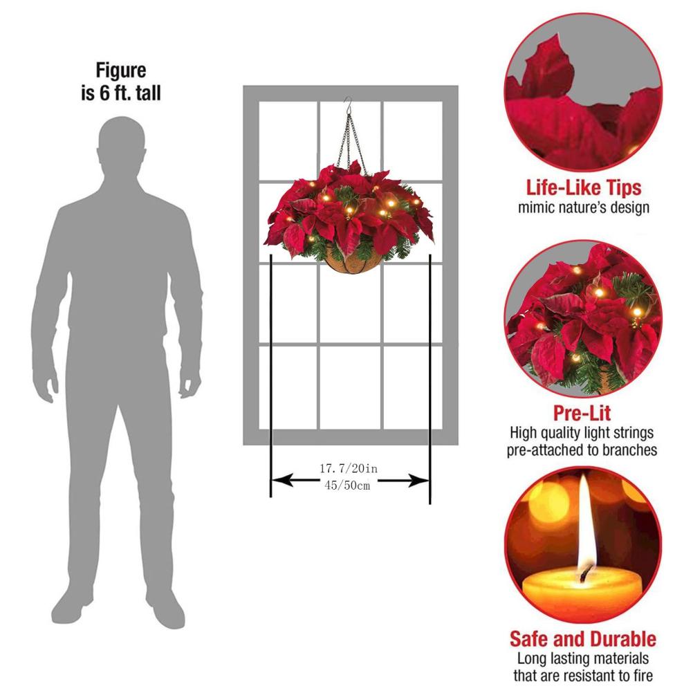 Pre Lit Christmas Hanging Basket Flocked with Mixed Decorations and LED Lights Artificial Frosted