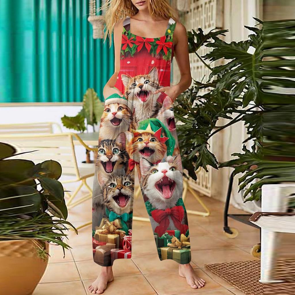 Женский повседневный комбинезон с рождественским принтом, хлопковый комбинезон без рукавов с принтом