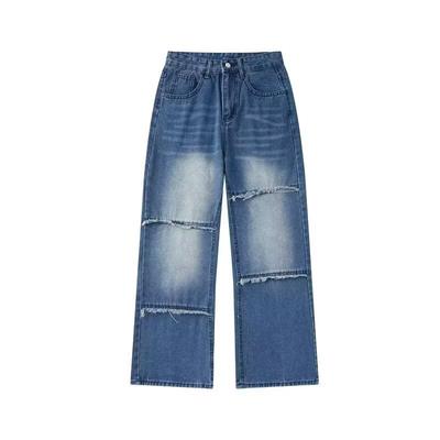 Американские рваные джинсы мужские новые осенние свободные синие брюки wide-leg тренд высокой моды прямые брюки