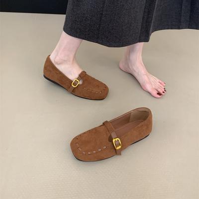 Ретро туфли на один фут с квадратным носком женские 2025 осень новые замшевые туфли-бини мягкие плоские Мэри Джейн маленькие кожаные туфли