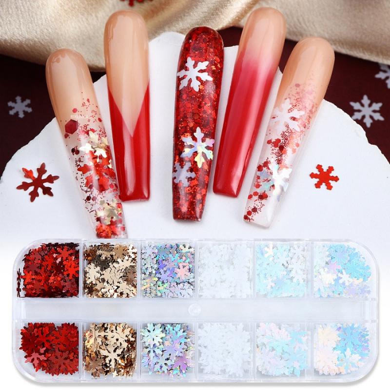 1boxChristmas Snowflake Nail Art Glitter Decorations Autumn Winter Red Gold White Snowflakes Mixed Colors Wearable Nail Glitter