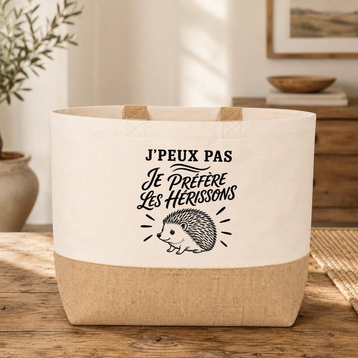 Sac J’peux pas je préfère les Hérissons J'peux pas minimaliste | Cabas en Coton avec Fond Jute 18 L 48 × 37 × 13 cm | Marché