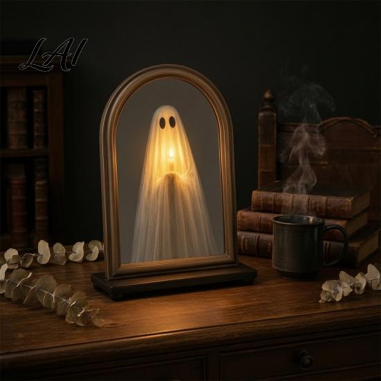 Haunted Mansion Decor Halloween Light Up Ghost Mirror Holding Candle on Spooky House Mirror Decorations Indoor for Wall Table Mantel Room Home Office