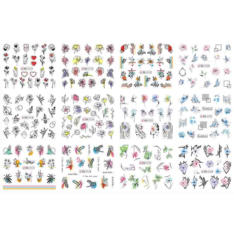 Наклейки для дизайна ногтей в 12 стилях с абстрактными, цветочными и геометрическими рисунками