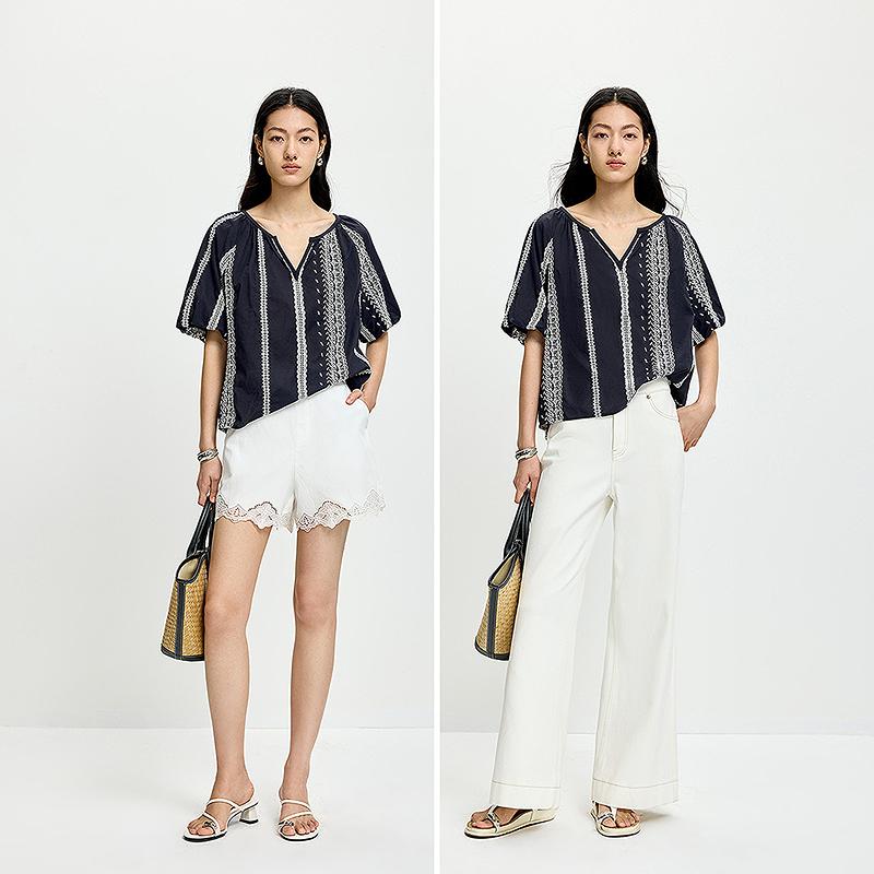 LILY Pure Cotton Embroidered Pullover Lace Shirt for Women