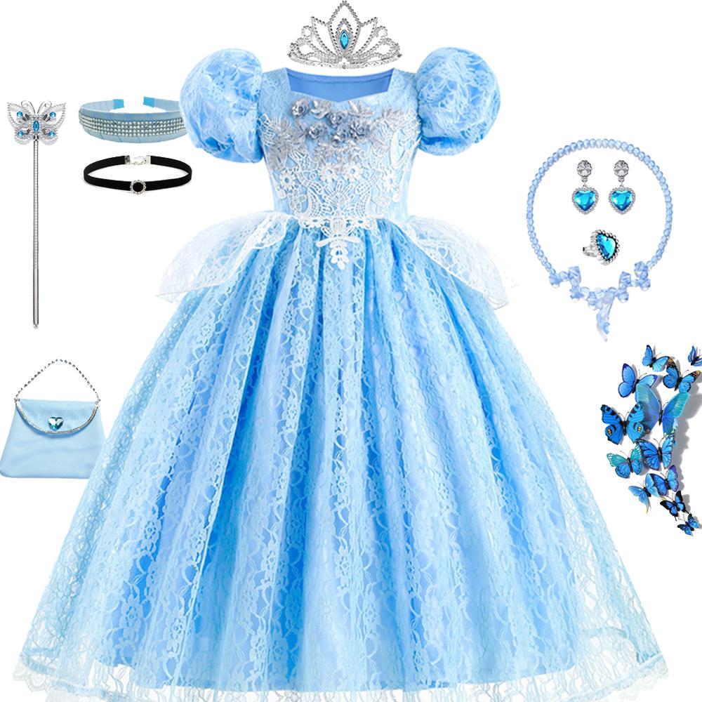 Girls New Year Blue Long Dress for Kids Christmas Birthday Party Dresses Butterfly Cinderella Cosplay Costumes Chidren Outfits