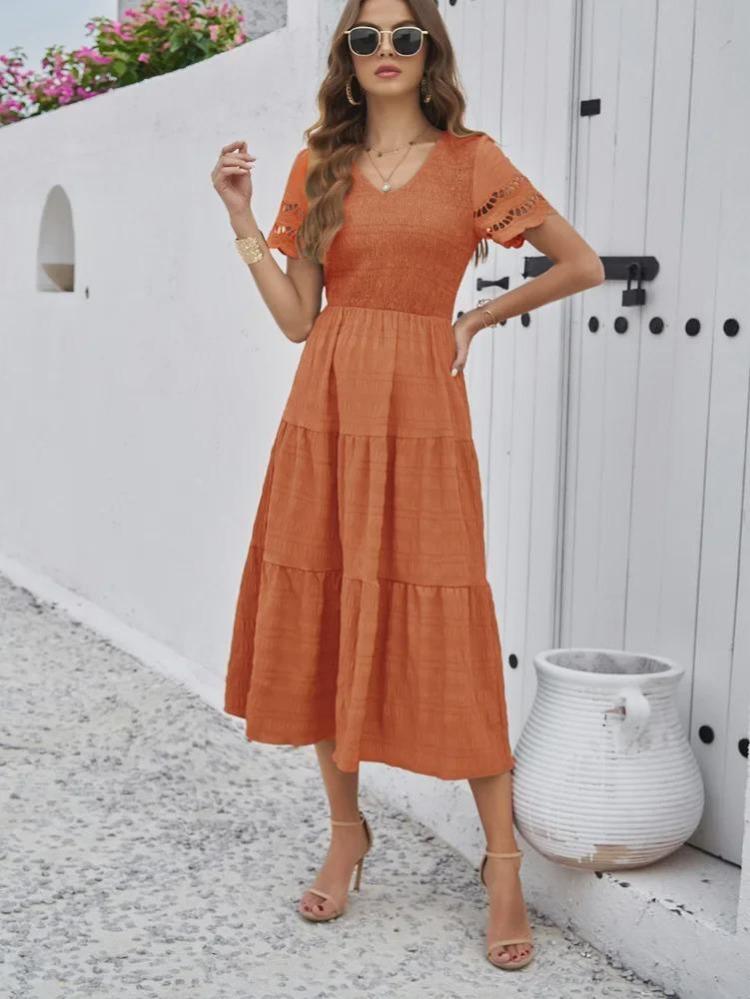 Весна Лето 2024 Женское платье с V-образным вырезом, коротким рукавом, однотонное, в европейско-американском стиле, Diyun