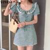 Summer Women Ruffled Neck Short Sleeve Bow Plaid Bodycon Mini Dress