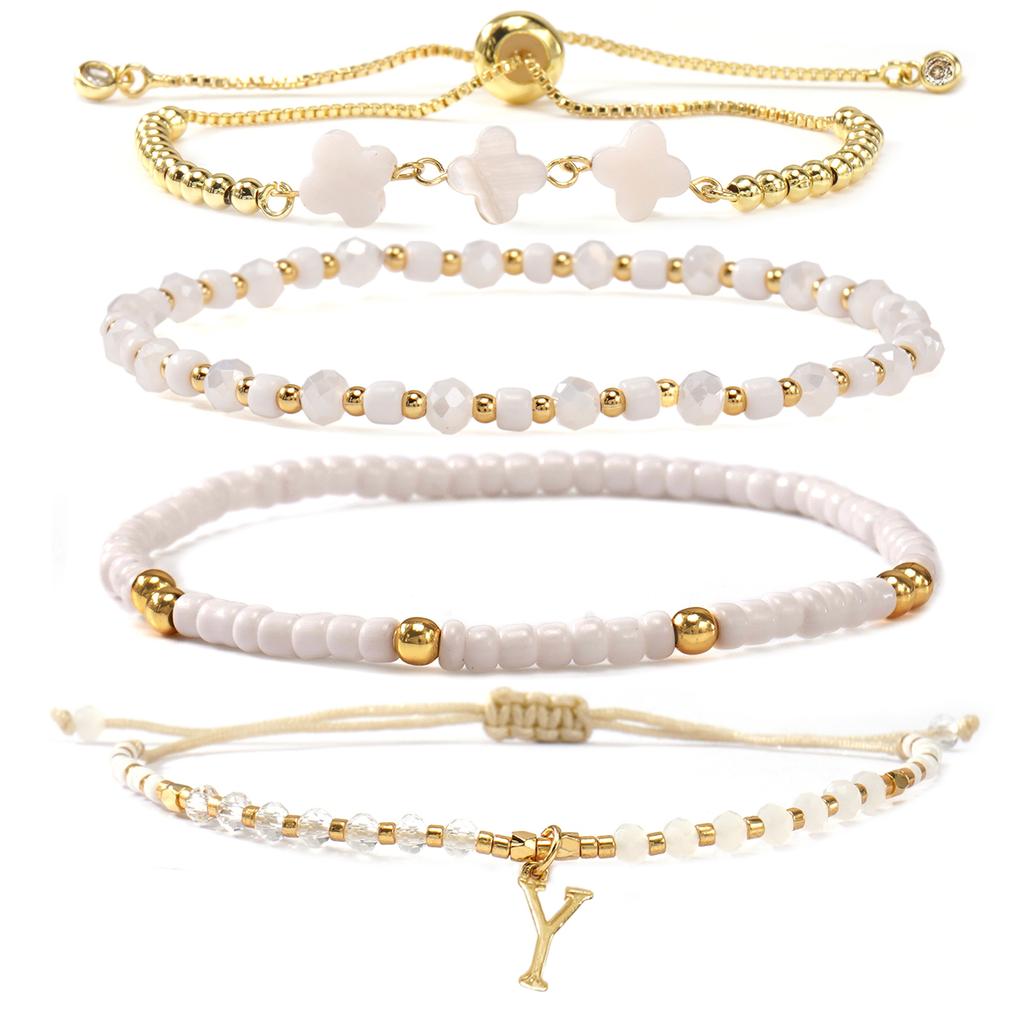 Go2boho Beaded Bracelet Set White Shell Flower Glass Beads 18K Gold Plated Stackable Women's Gift Jewelry