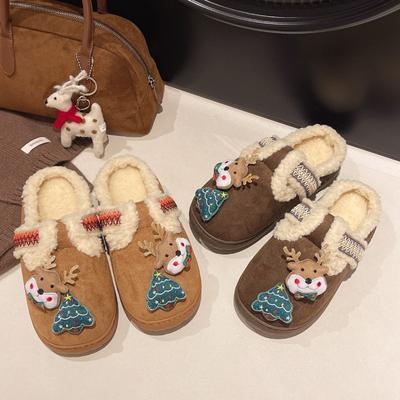 Модные женские рождественские тапочки с закрытым носком, зимние милые теплые домашние хлопковые тапочки, модные мягкие нескользящие уличные балетки, мультяшные