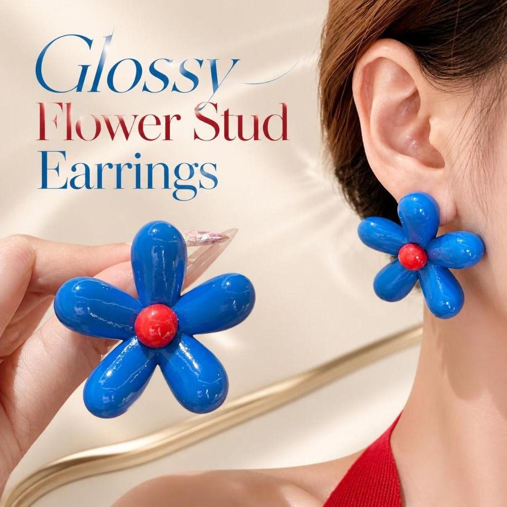 Oversized Resin Flower Earrings Glossy Asymmetry Earrings Trendy Flower Stud Earrings Women Girls