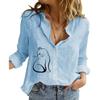 Women Fashion Cat Print Cotton Linen Shirt Ladies Lapel Collar Buttoned Top Spring Summer Fall Casual Loose Long Sleeve Blouses