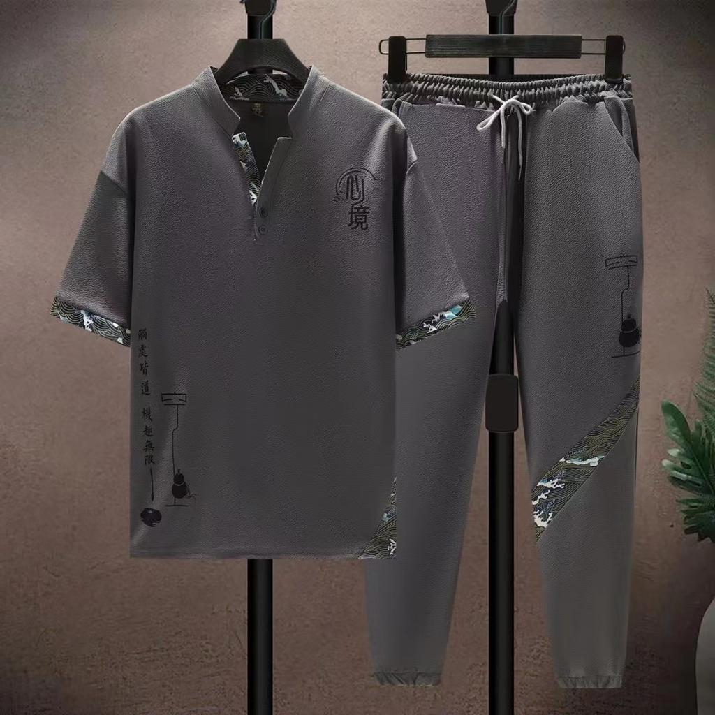 Summer Men's Chinese Retro Style Ice Silk Cool Loose Set Short Sleeved Long Pants Casual Sports Fashion Two Piece Set