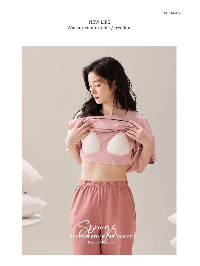 Женский летний капри-пижамный комплект 2025: Тонкий хлопок с коротким рукавом и нагрудными вкладышами, универсальный для ношения дома или на улице