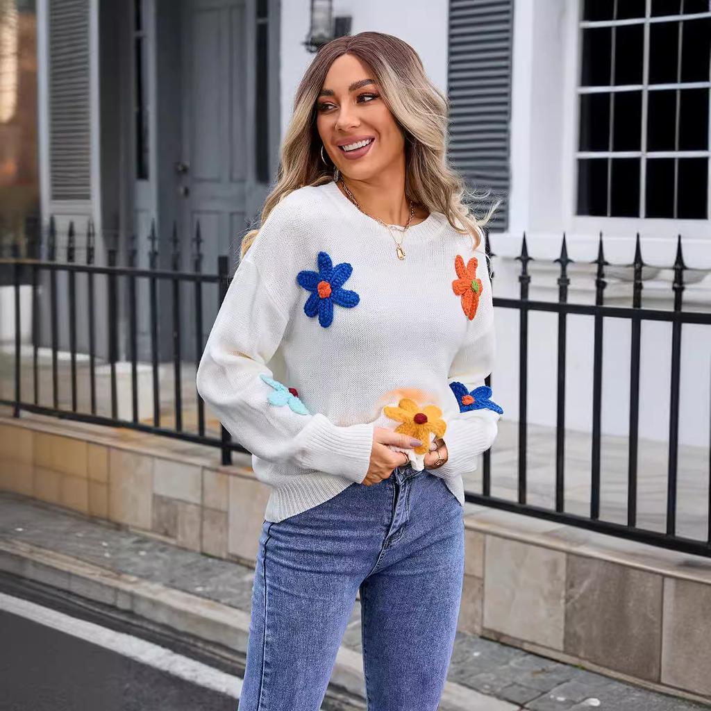 Women's Autumn and Winter Flower Big Size Loose Round Neck Sweater