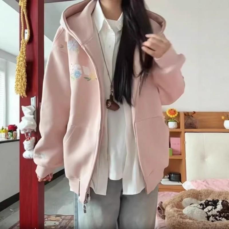 Womens Oversized Hooded Zip-Up Sweatshirt With Embroidered Floral Design Fall Winter 2026 Loose Fit Cotton Blend