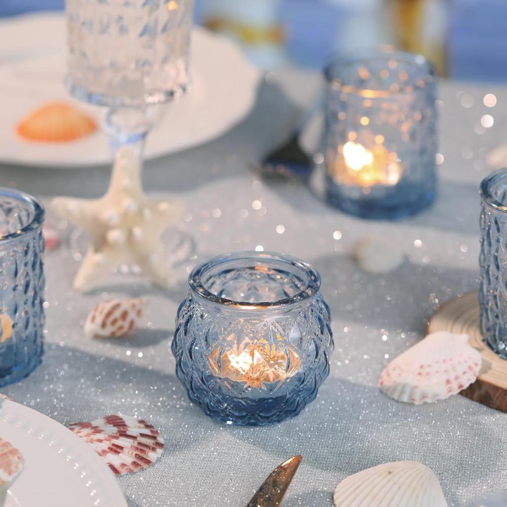 24 шт. Синие стеклянные подсвечники для votive свечей Круглые подсвечники-таблетки для центра стола Стеклянный подсвечник для чайных свечей для свадьбы, душа, дома и вечеринки