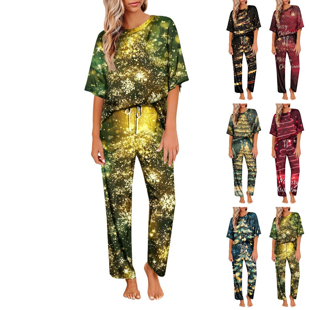 Женский шелковый атласный пижамный комплект с рождественским принтом, рубашка с коротким рукавом и длинные пижамные штаны, мягкая домашняя одежда