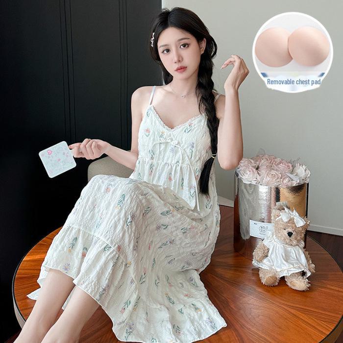 Летняя корейская ночная рубашка из тканого крепа с нагрудными подушечками - милая, тонкая, из чистого хлопка для женщин