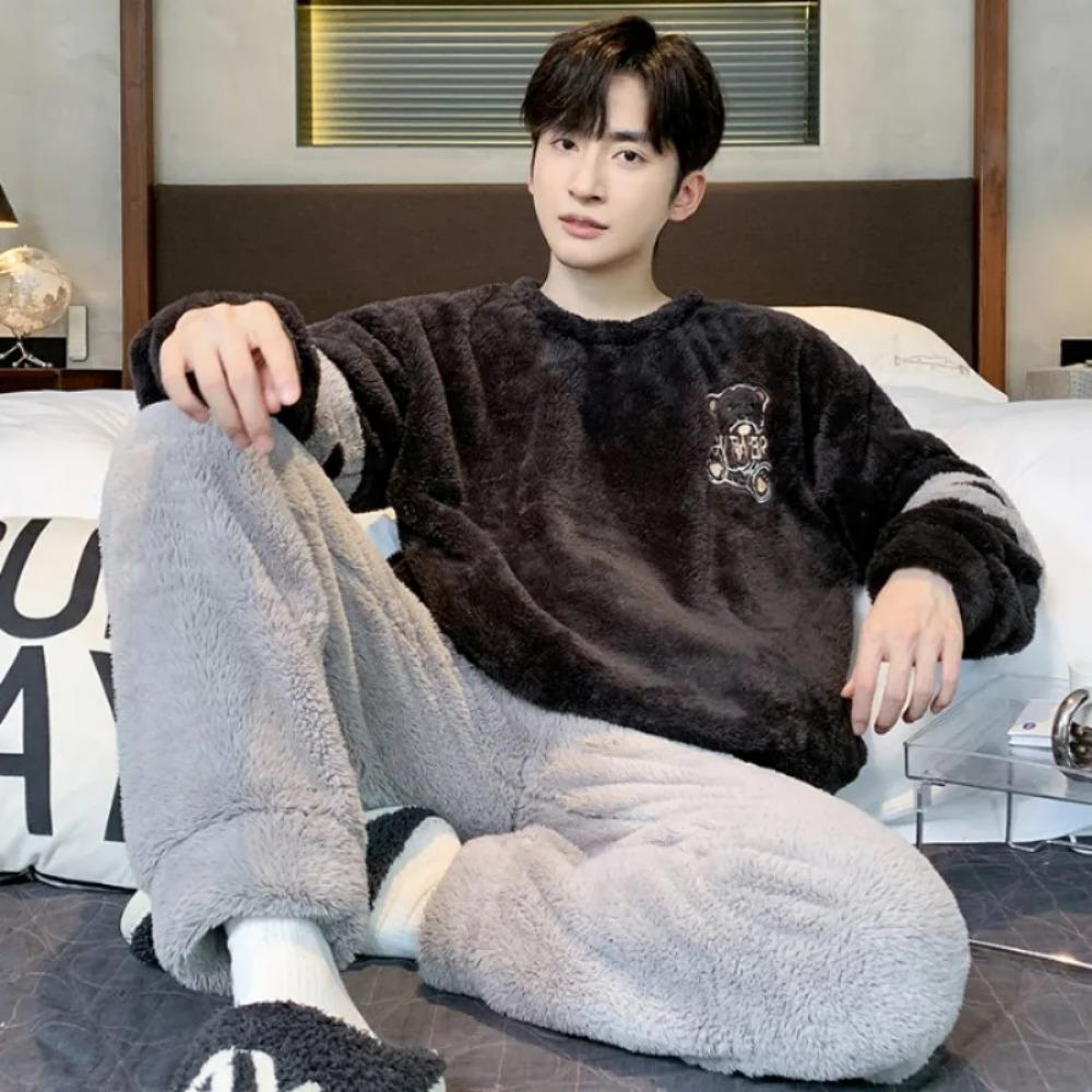 2025 Winter New Plush Man Pajamas Set Thickening Round Neck Long Sleeve Sets for Man 2 Pieces Senior Printing Pijamas Set for Man