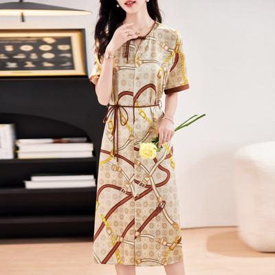 Платье из принтованного шелка на пуговицах, летняя новинка, модное, с короткими рукавами, юбка из шелка тутового дерева, средней длины