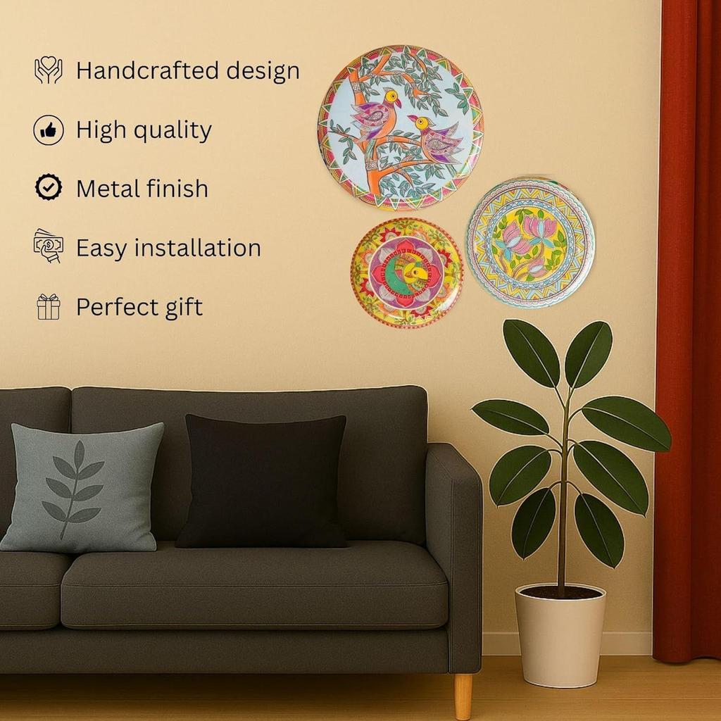 Madhubani Wall Plates for Home Decoration | Wall Decor Items for Living Room | Metal Wall Décor | Gift Items for Unisex Set of 3 Plate