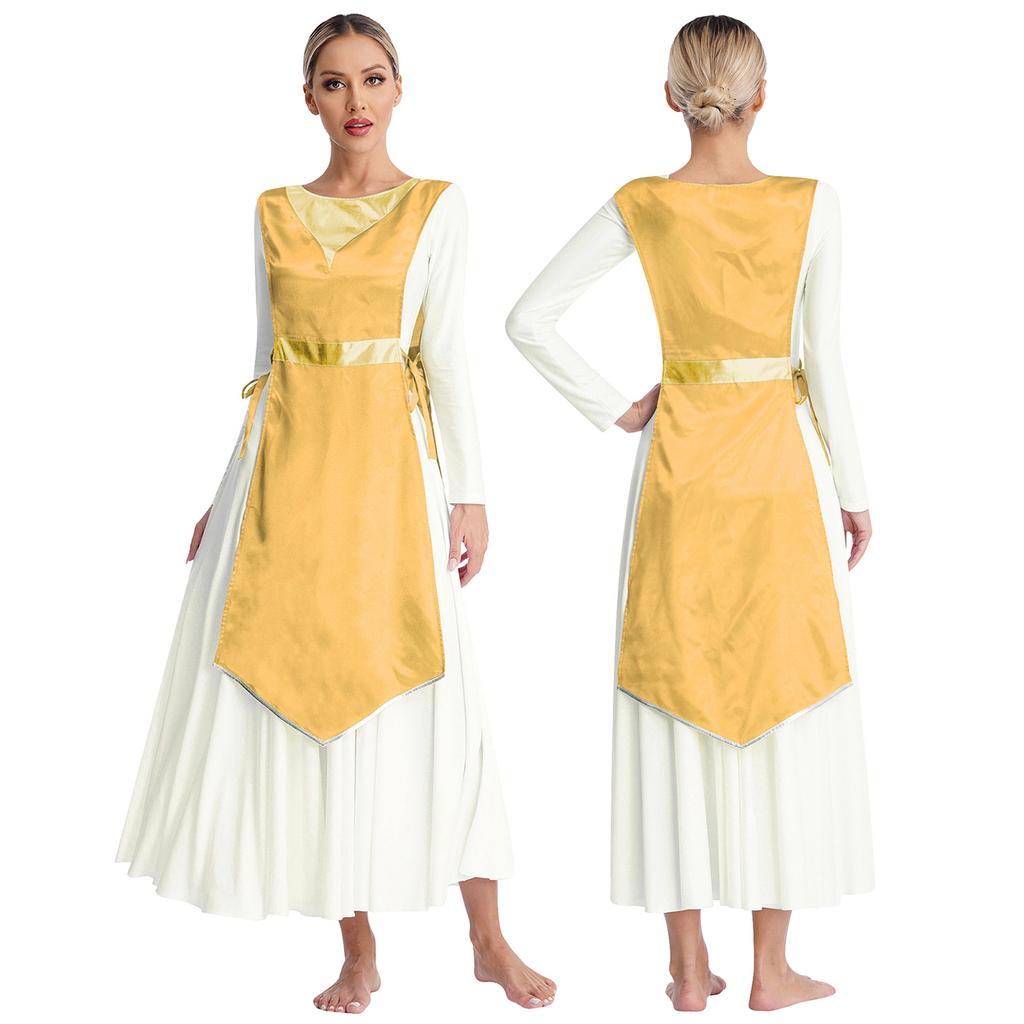 Женское церковное одеяние для хорового выступления, туника, металлизированная пэчворк, шнуровка по бокам, разрезы, атласное платье, танцевальная одежда