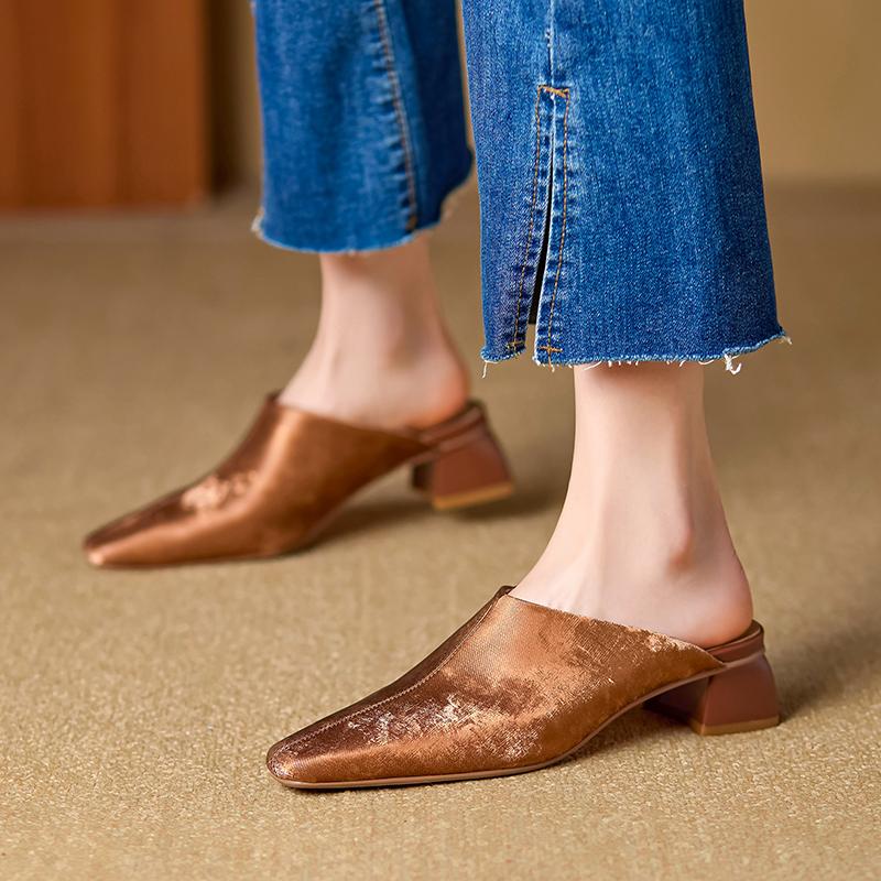 Мода 2025 Лето Женская обувь Натуральная кожа Квадратный носок Женские сандалии Однотонные Современные сандалии для женщин Фигурный каблук Женские мюли