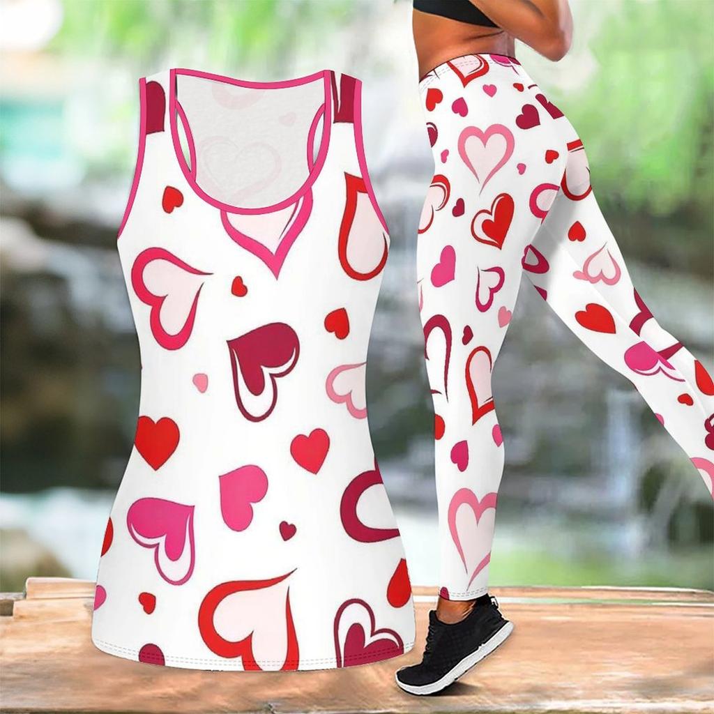 Комплект для йоги с принтом в виде сердечек для женщин, модные леггинсы для тренировок, фитнес, спорт, повседневный набор для йоги, спортивный костюм, эксклюзив ко Дню святого Валентина