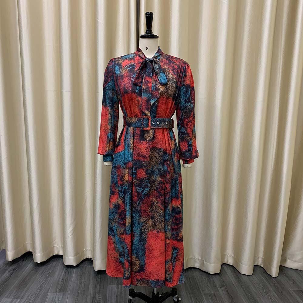 Женское платье с поясом Весенние и осенние вечерние платья больших размеров с длинными рукавами и высокой талией с принтом