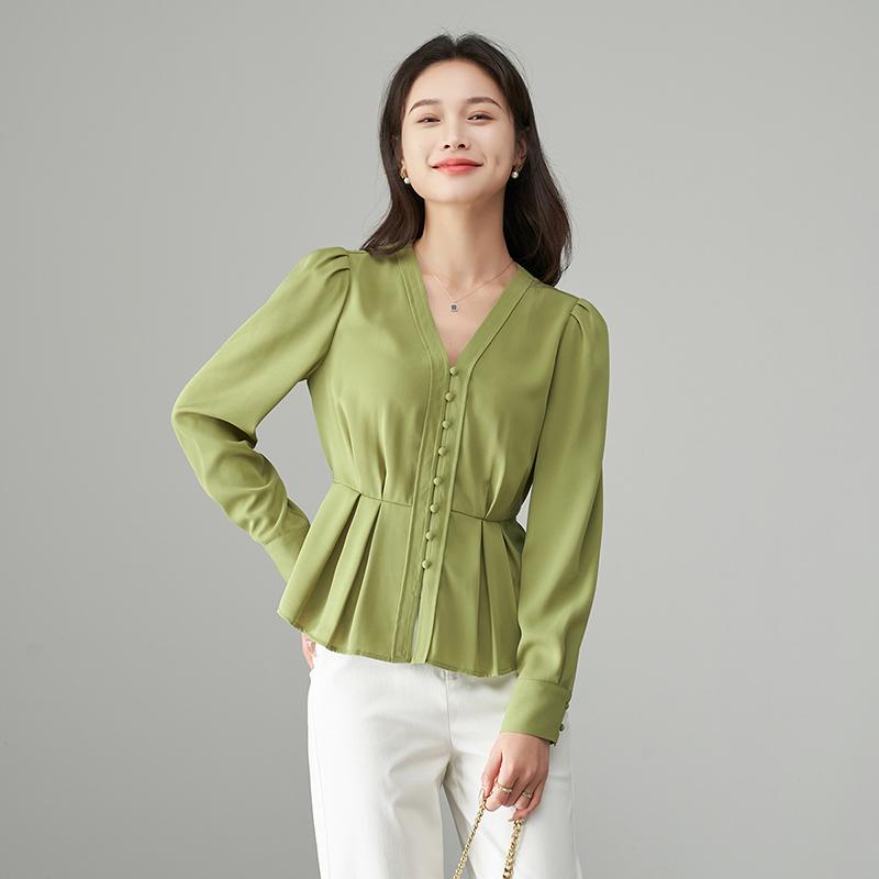 Design Sense Pinch Pleats Tucked Waist Slimming Shirt for Women
