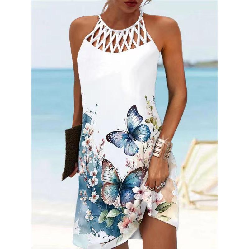 GMXIA National Style Positioning Print Mesh with Sleeveless Casual Dress for Women