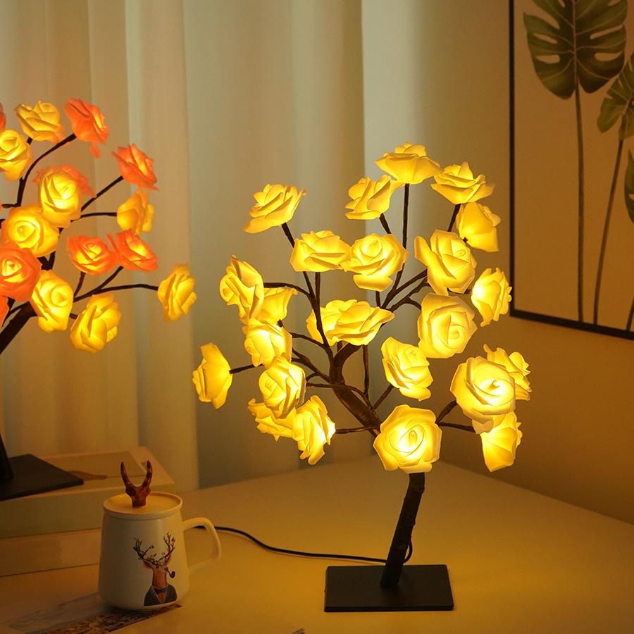 LED simulation rose tree light, detachable plastic base, USB switch, decorative night light