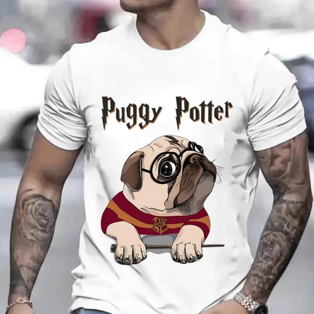 Мужская футболка с принтом Puggy Potter, модный графический топ для любителей собак, футболка с коротким рукавом, повседневная уличная одежда, Харадзюку, мужская одежда оверсайз