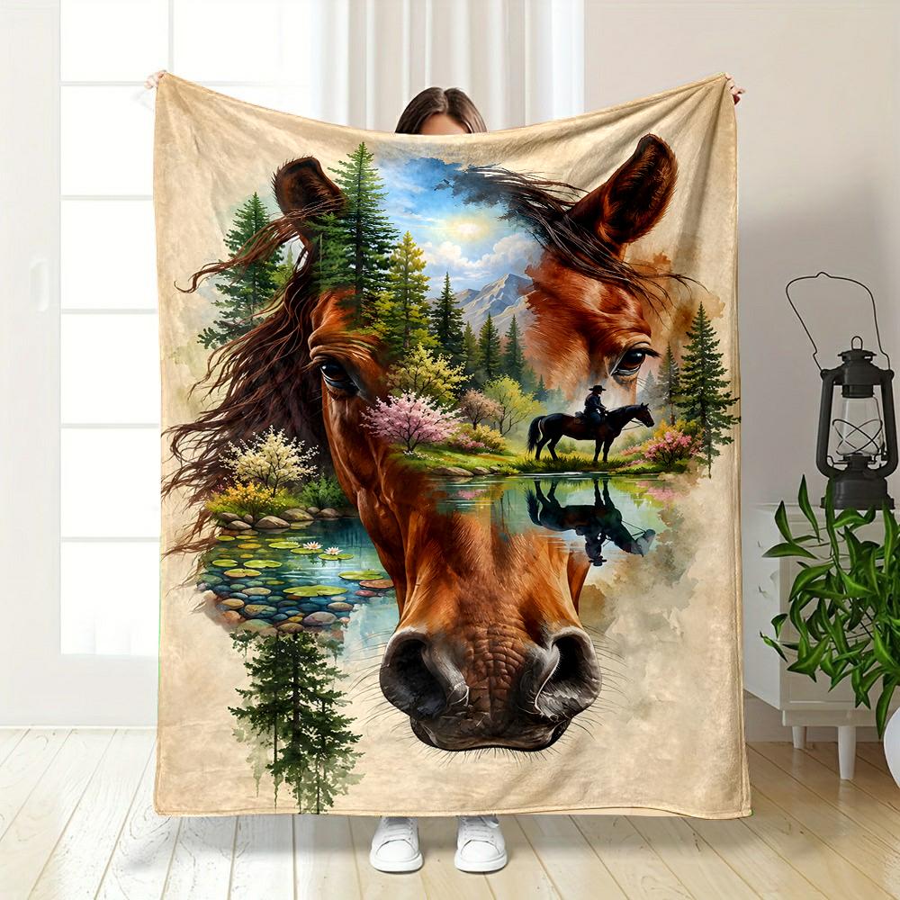 Majestic Horse and Nature Scene Patterned flannel blanket perfect for the bedroom living room, sofa, or a little nap