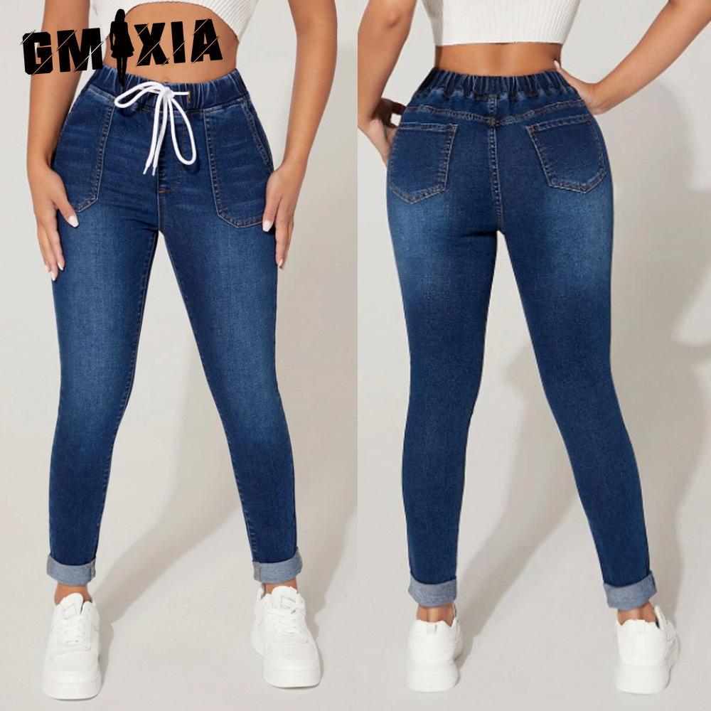 GMXIA Women's Nine-point Jeans Drawstring Elasticated Waist High Spring Small Feet Jeans