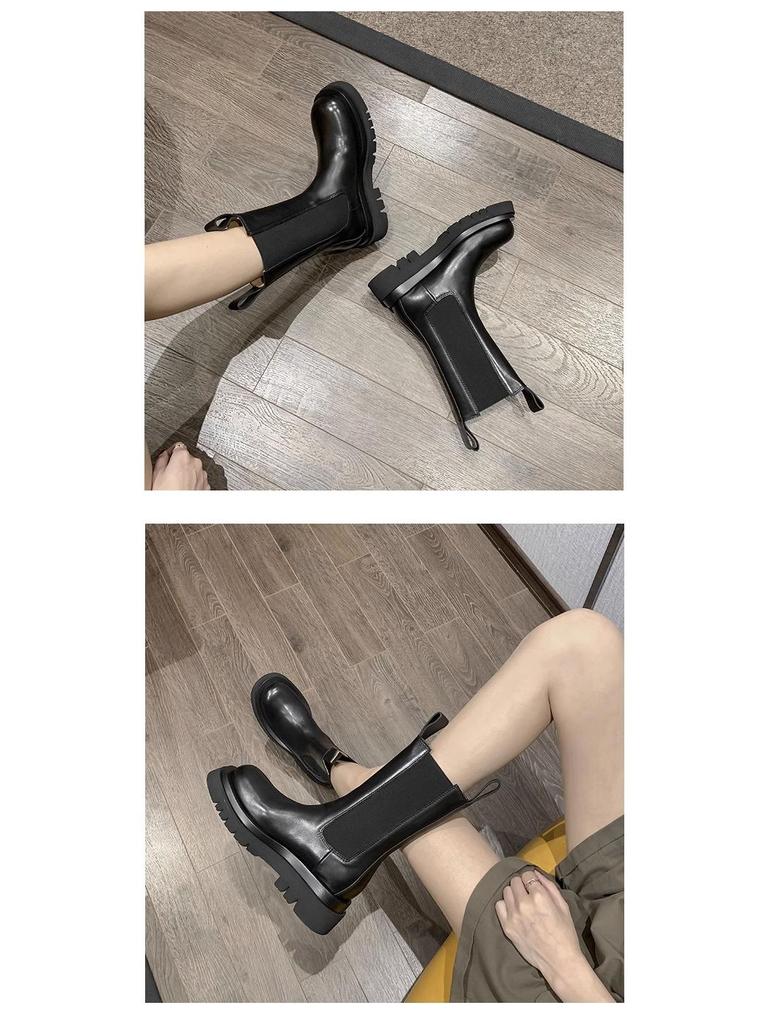 Mona Height-Boosting Women's Mid-Calf Chelsea Boots - British Style, Thick-Soled, Plus Velvet