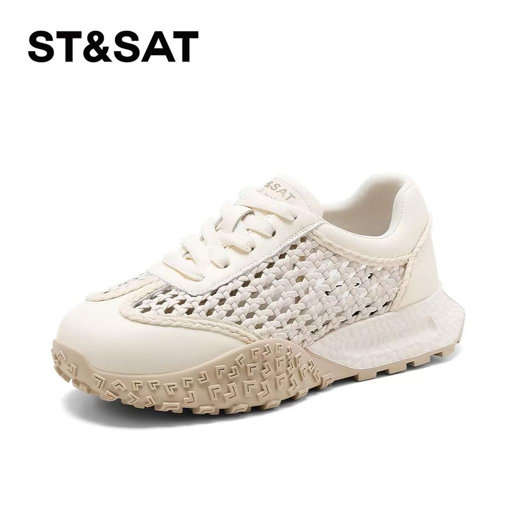 ST&SAT Saturday hollow woven sports shoes women's mesh breathable thick sole height increasing casual shoes