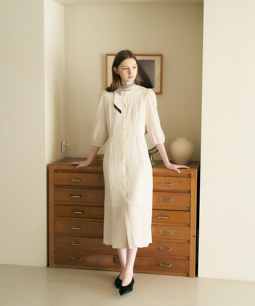 Adowl Seersucker Shirred Long Dress - Ivory