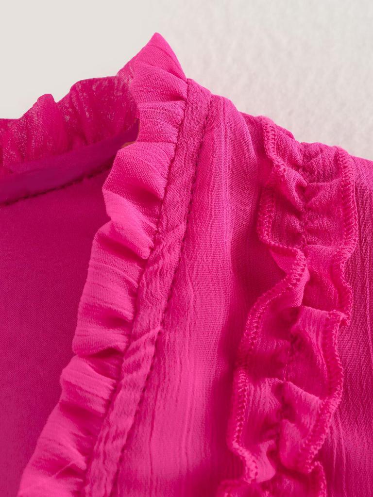 2025 Spring Women's European-American V-Neck Chiffon Ruffle Long Sleeve Dress