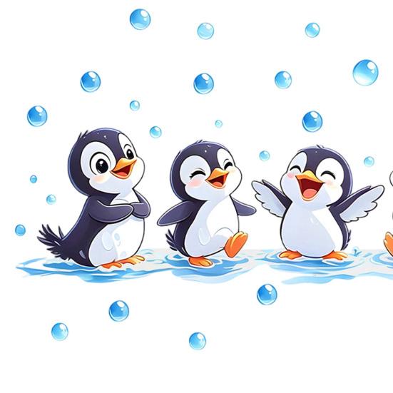 Penguin Wall Decals, Cute 4 Happy Penguins Bathing Decor, Self Adhesive Removable Wall Stickers for Bathroom, Kids Room & Shower Wall Art