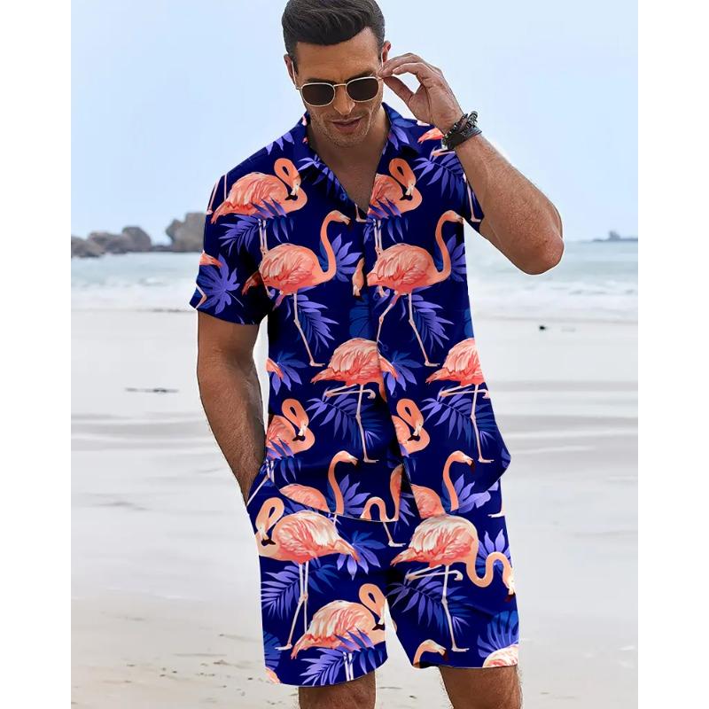 Men's 3D Flamingo Printed Shirts Hawaiian Beach Vacation Short Sleeve Shorts 2 Piece Summer Hip Hop Trend Fashion Men Sets