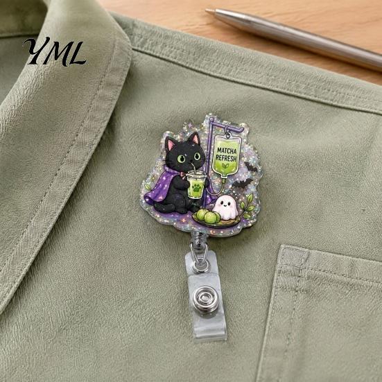 Pumpkin Badge Holder Halloween Retractable Reel, Ghost Black Cat And Design, Nurse Reel 360 Degree Rotating Acrylic ID for Nurses Office Staff Cute