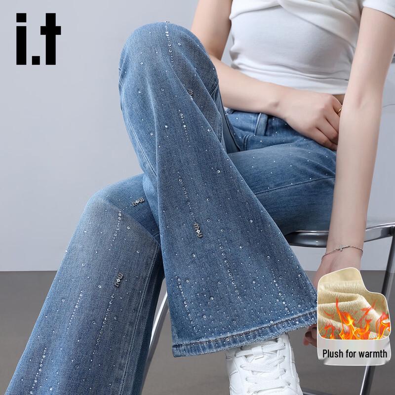 Izzueit Женские облегающие джинсы клеш с высокой посадкой и стразами, на флисовой подкладке