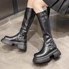 Модные сапоги до колена с пряжкой на толстой подошве для женщин, осенние модные женские сапоги на толстом каблуке, рыцарские сапоги в стиле пэчворк на платформе, Botas Mujer