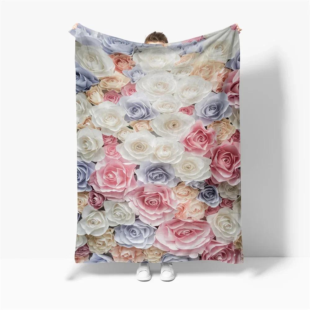 Rose Flower Print Blanket Throw Blankets Super Soft Family Car and Sofa Blanket on The Bed Throws Summer Office Queen Size Quilt