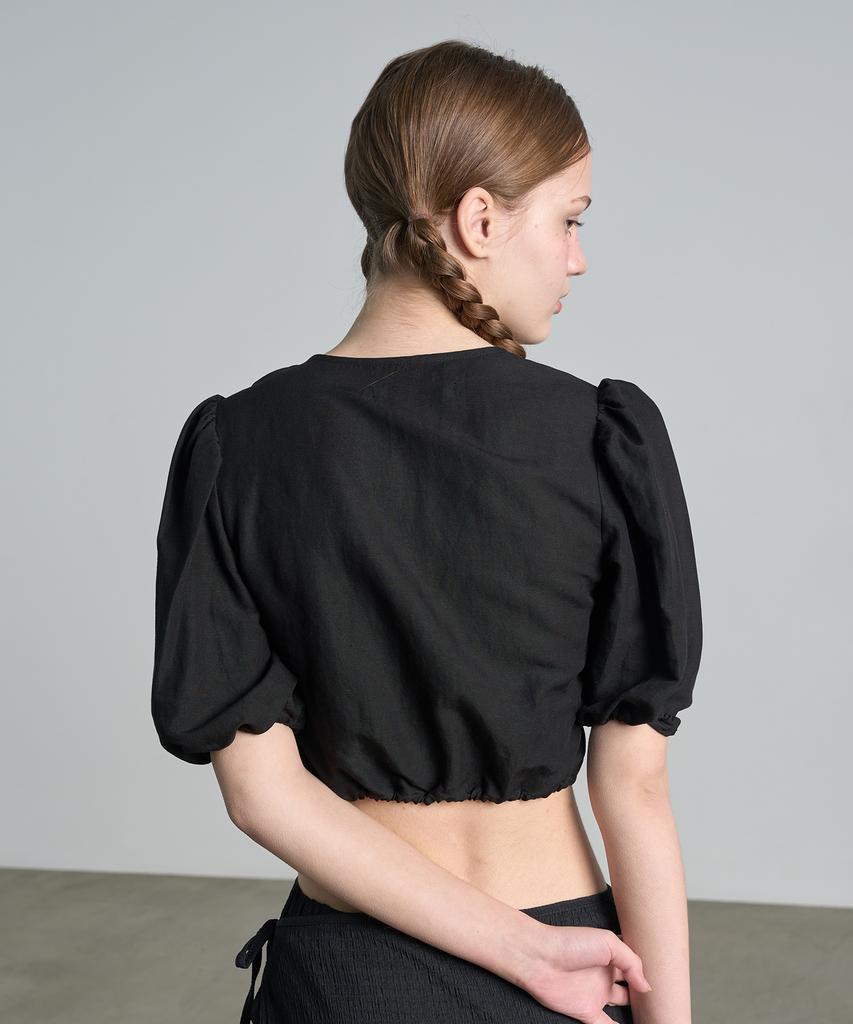 320SHOWROOM Linen Puff Zipper Crop Blouse Black