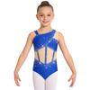 Girls Shiny Rhinestones Dance Leotard Sleeveless Asymmetrical Color Block Bodysuit