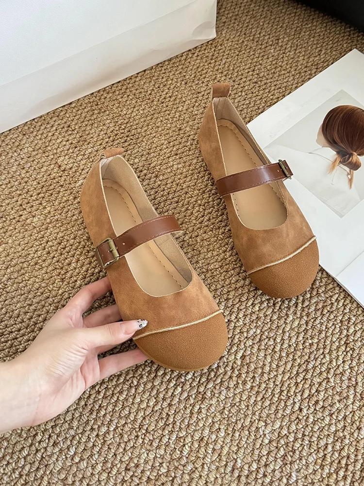 Модные женские туфли-лоферы из замши и кожи, женская обувь в стиле ретро с мягкой подошвой, удобные балетки в корейском стиле с круглым носком, повседневная обувь
