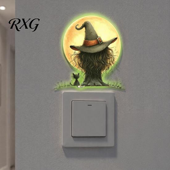 Halloween Bedroom Wall Art Glow in The Dark Switch Outlet Stickers, Cute Black Cat Witch Theme Decals Pumpkin Skull Decals, Waterproof Self-Adhesive